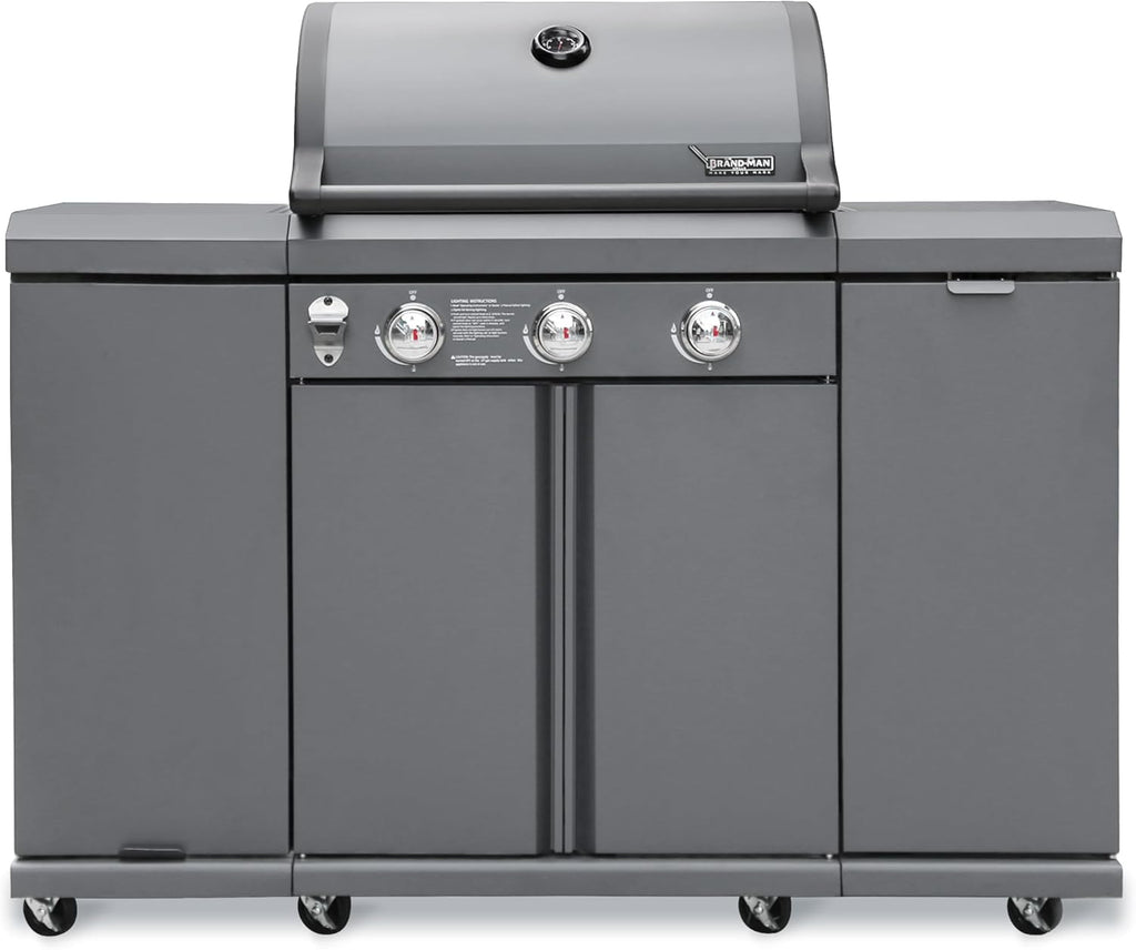 Brand-Man 3-Burner Propane Gas BBQ Grill, Stainless Steel Cabinet Style Grill 30000 BTU for Outdoor Cooking Kitchen Island and Patio Backyard Barbecue with Fold-out Prep Table, Gray