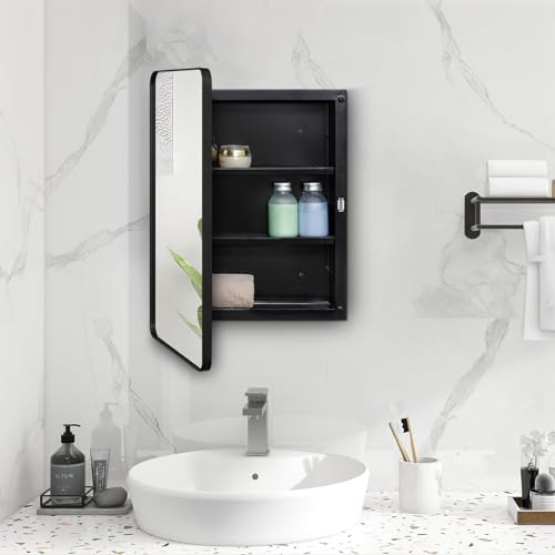 Plastic Black Medicine Cabinet, Beveled Edge Mirror Door with Round Corner Metal Frame, Recessed and Surface Mount Bathroom Medicine Cabinet, 16 x 24 inch Mirror Size