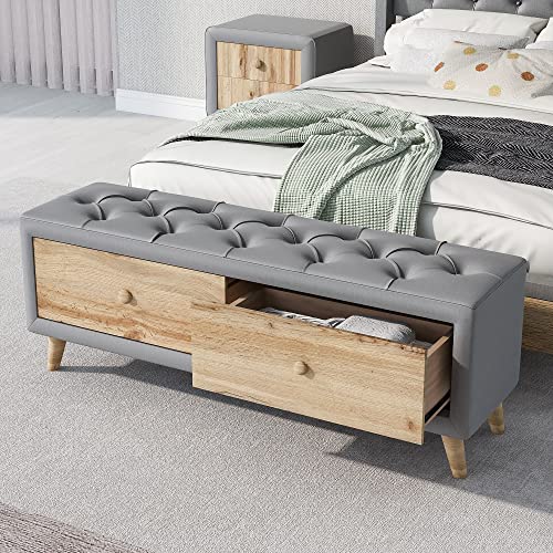 Upholstered Storage Ottoman Bench with 2 Drawers, Gray Y784182