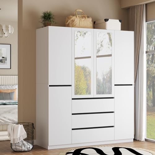Wakefit Armoire Wardrobe Closet, 4 Doors Wooden Wardrobe Closet Cabinet with Mirro, Bedroom Armoires with Hanging Rod Shelf Freestanding Wardrobe Cabinet for Bedroom, Guest Room, White
