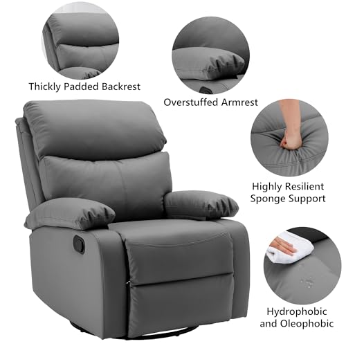 Genuine Leather Swivel Rocker Recliner Chair for Adults, Dark Grey H326