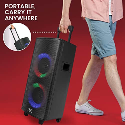 Portable Bluetooth PA Speaker System with Dual 8" Drivers, Rechargeable, Party Light, Wireless Mic, Wheels M54528