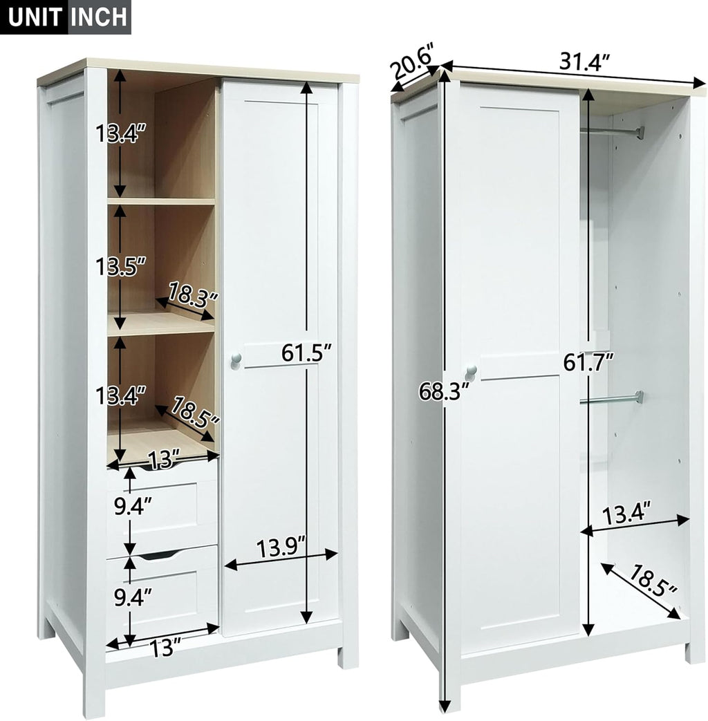 Slim Wooden Wardrobe Closet with 2 Drawers, Shelves and Hanging Rods G1717