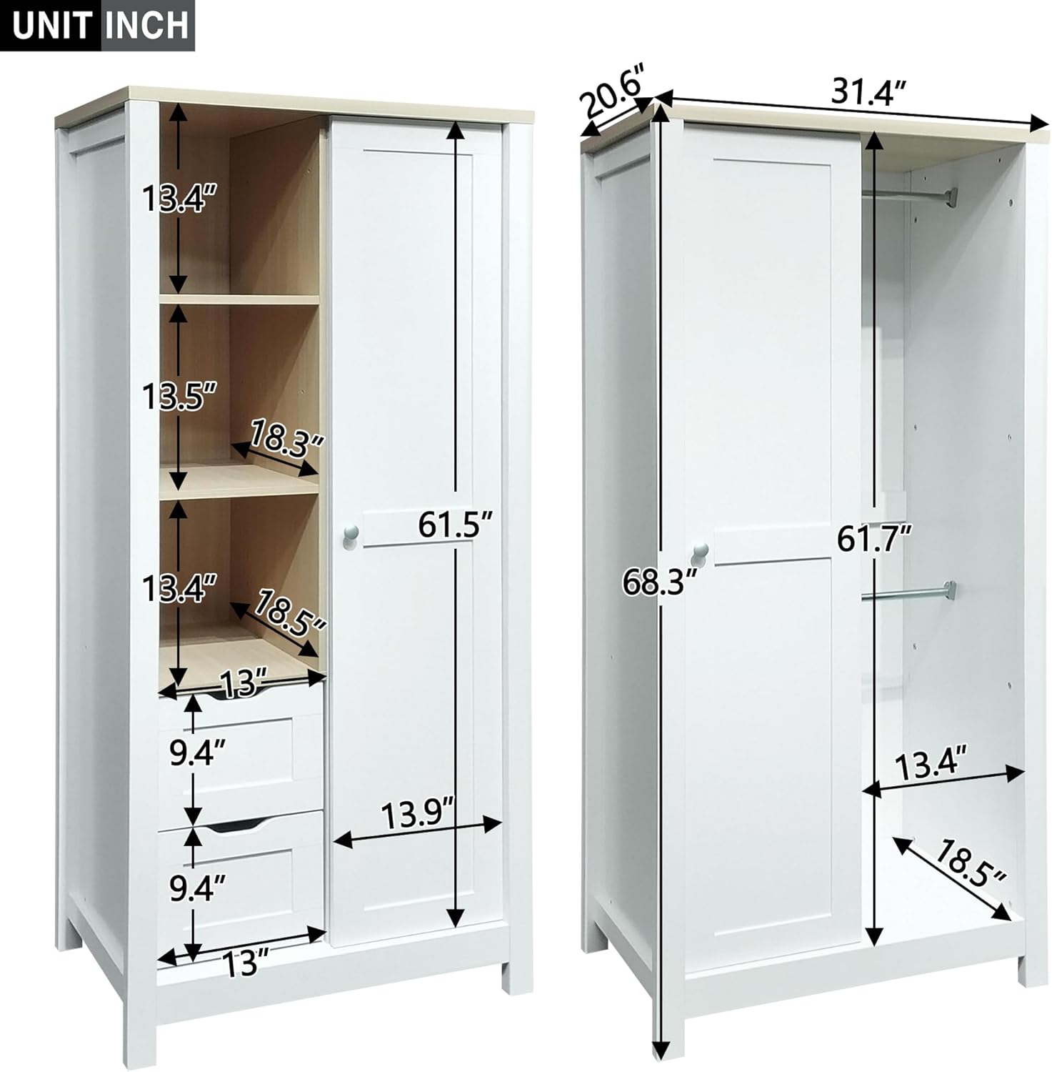 Slim Wooden Wardrobe Closet with 2 Drawers, Shelves and Hanging Rods G1717