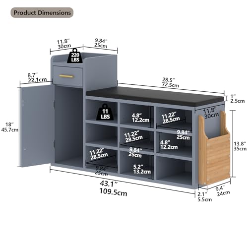 Shoe Storage Bench with 9 Cubbies, Cushion and Drawer Q3460