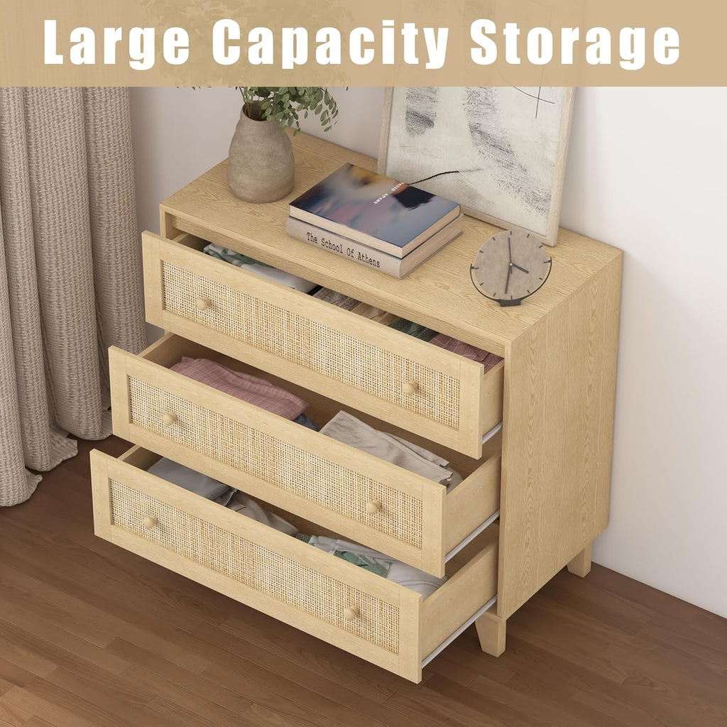 3 Drawer Dresser for Bedroom, Natural Rattan, Wood Storage Organizer S805155