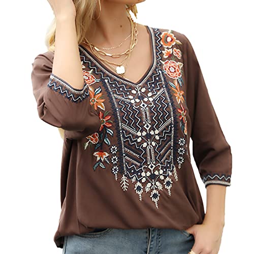 Women's Embroidered 3/4 Sleeve V Neck Peasant Tunic Blouse Q7436
