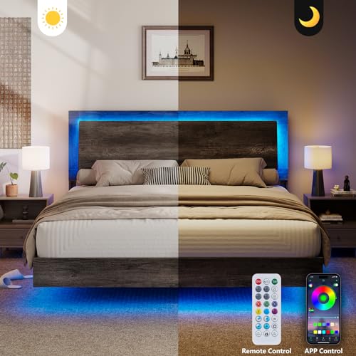 Floating Platform Bed Frame with Headboard and LED Light, Rustic Grey L9697