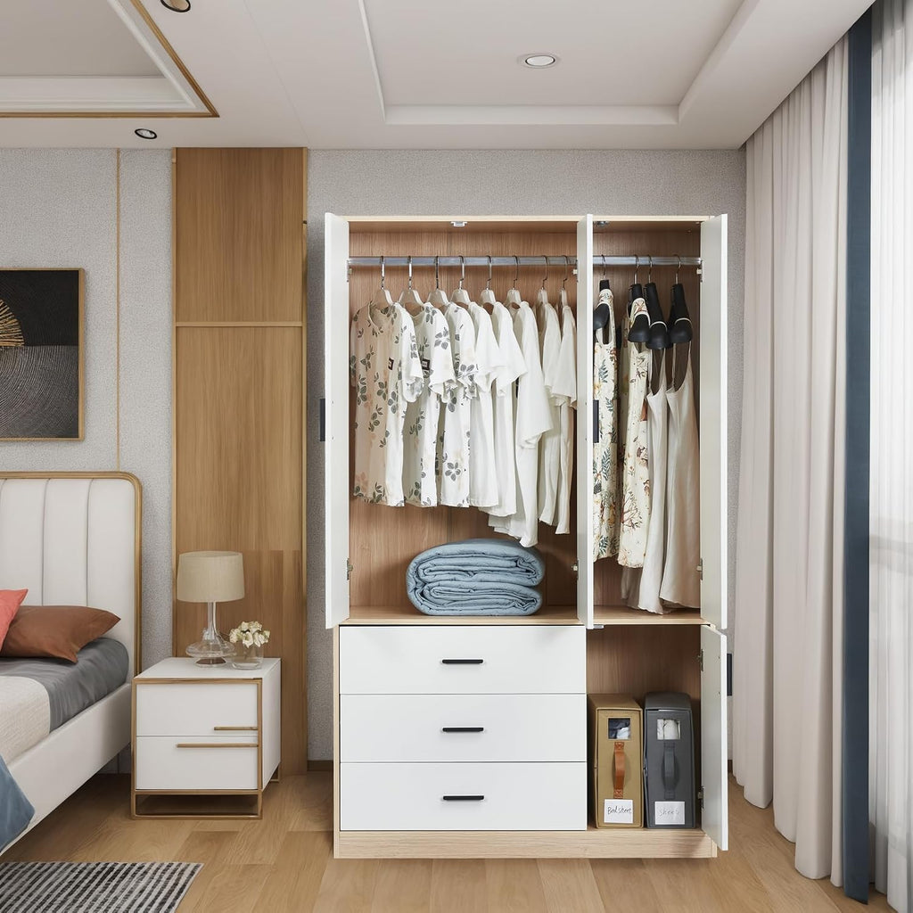 Wardrobe Closet with 3 Drawers, 2 Doors, and Mirror C1354