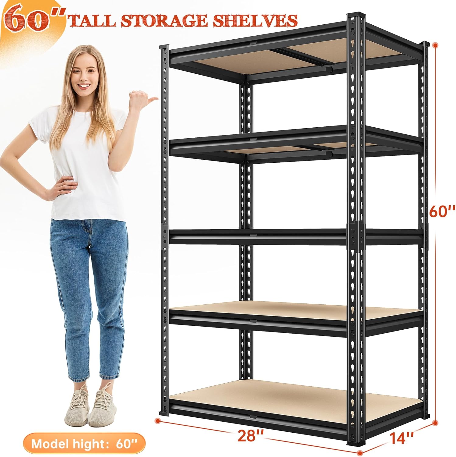 Heavy Duty 5-Tier Garage Shelving Unit, 60" H x 28" W x 14" D F3895