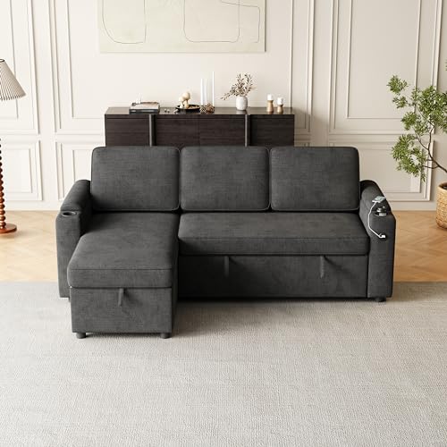 L-Shaped Sofa Bed with Chaise and Cup Holder, Convertible Sleeper, Dark Grey W207865
