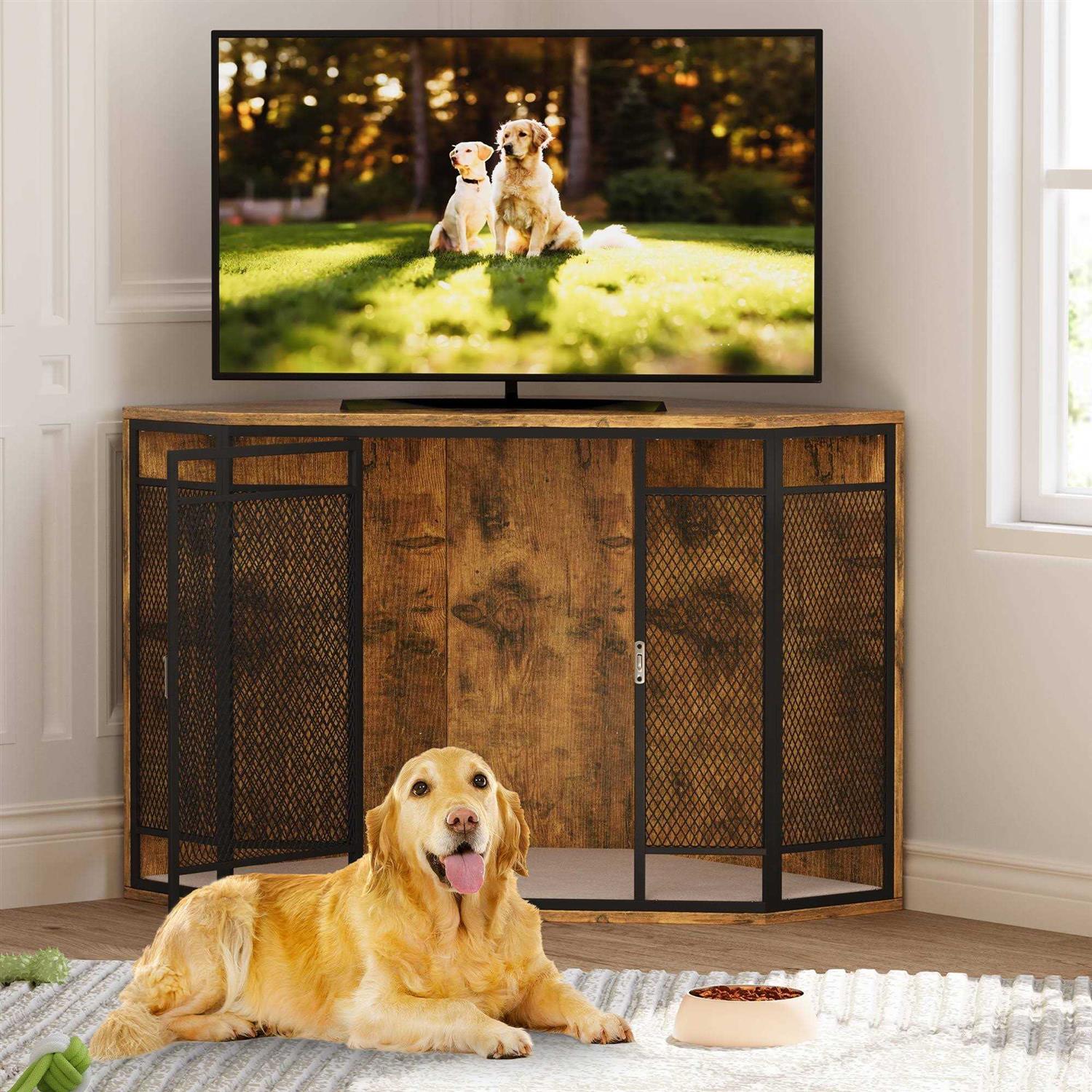 Corner Dog Crate Furniture, 43.7-inch Wooden Dog Kennel with Metal Mesh F719