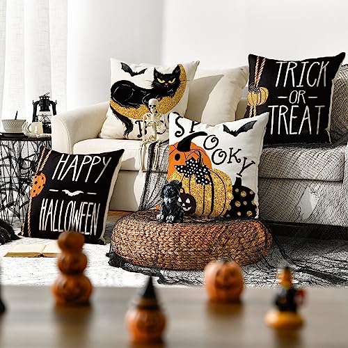 Halloween Black Cat Throw Pillow Covers 16x16 Set of 4 C2644