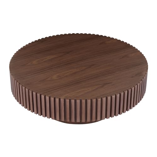 Round Coffee Table, Mid Century Modern Fluted Wood Drum Table for Living Room G127