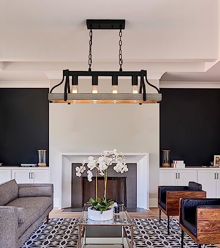 Farmhouse Linear Chandelier Black Wood Finish 4-Light Hanging Pendant P181031