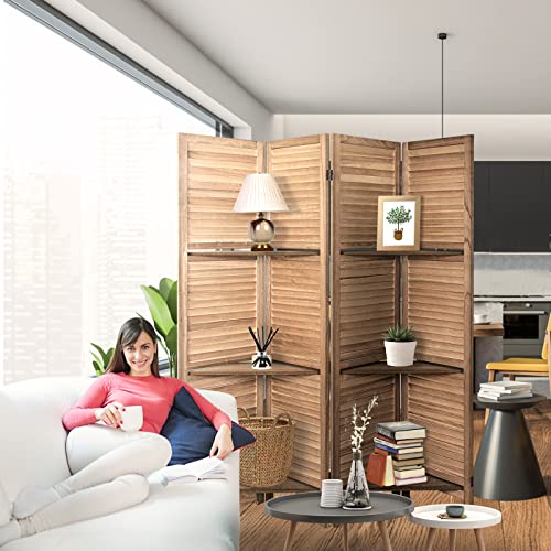 Room Divider with Shelves, 4 Panels, Folding Privacy Screen, Freestanding Wood Divider S191