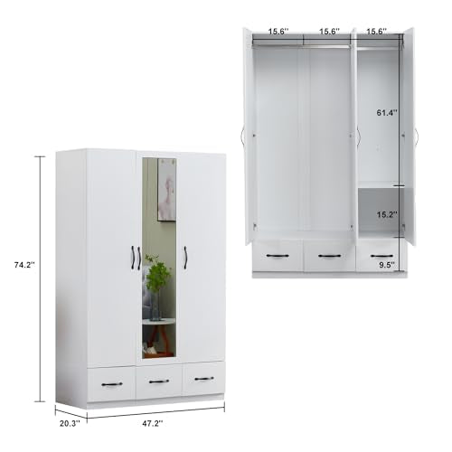 3-Door Armoire Wardrobe with 3 Drawers and Hanging Rod O896250