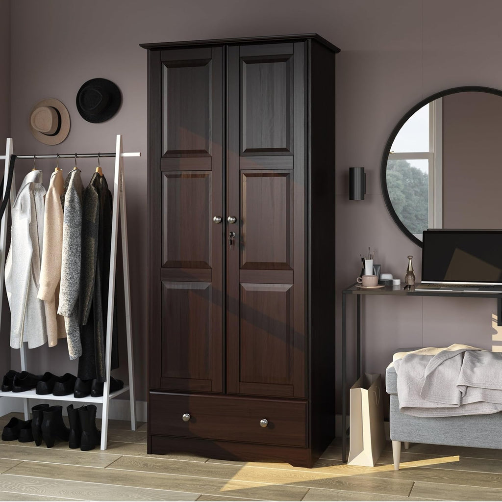 Solid Wood Flexible Wardrobe Armoire with Metal Knobs, Mocha Stained Q33217