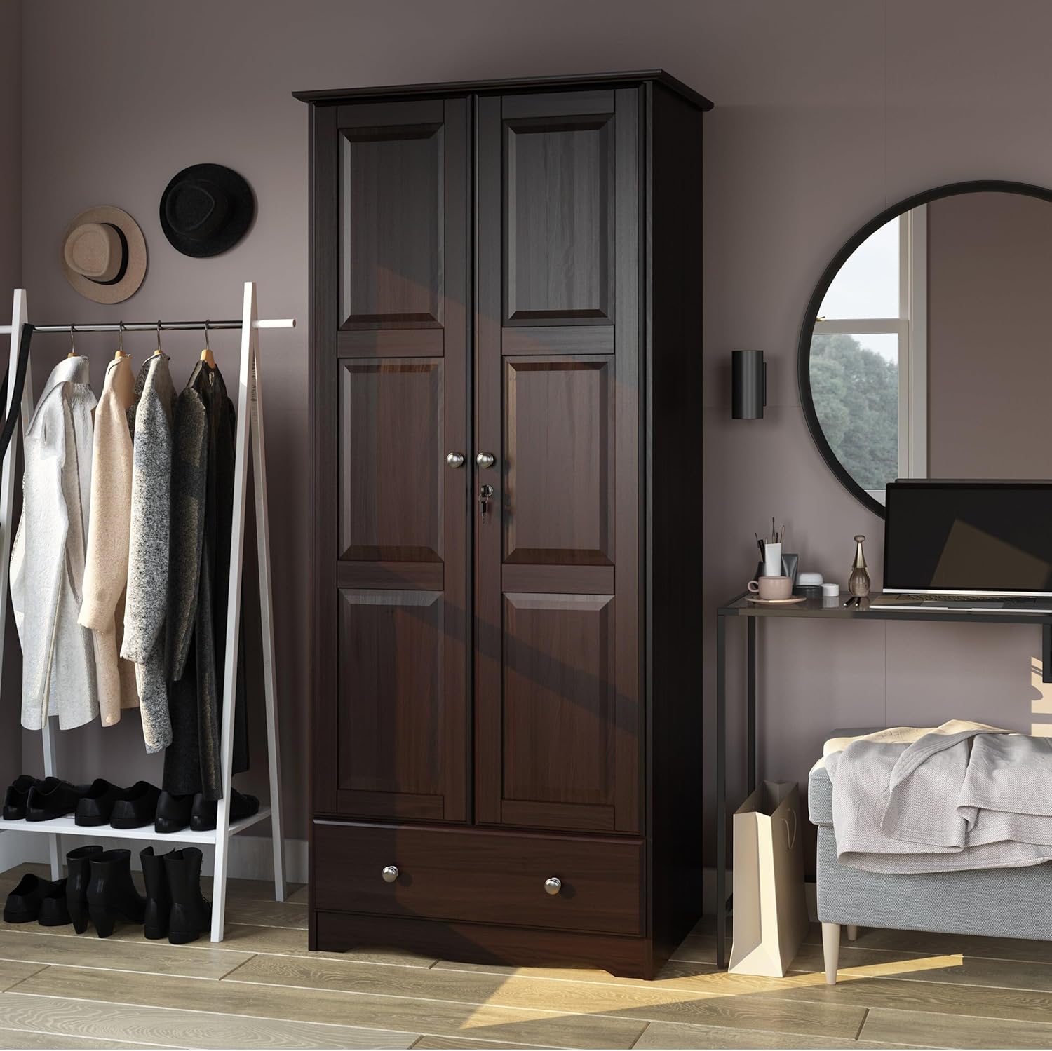 Solid Wood Flexible Wardrobe Armoire with Metal Knobs, Mocha Stained Q33217
