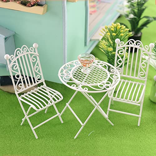 Miniature Bistro Table & Chairs Set White Metal 1:12 Scale Coffee Tea Furniture B4287
