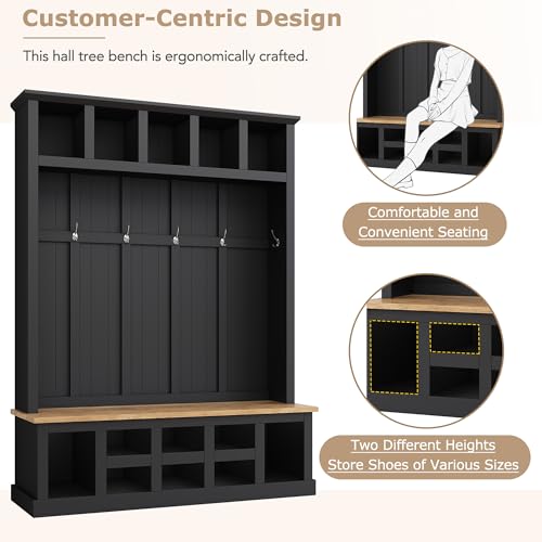 Wide Entryway Hall Tree with Storage Bench and 6 Hooks, Black J9244