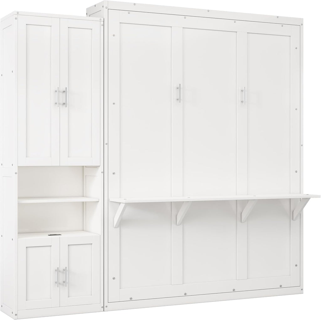 Queen Size Murphy Bed Chest with Desk and Side Storage Cabinet, Solid Pine, Foldable K896821