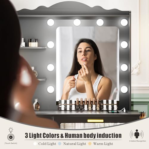 Vanity Desk with Mirror and Lights, 5 Drawers, White D374