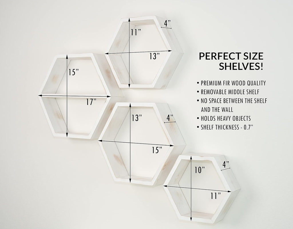Extra Large Hexagon Floating Shelves Set of 4, Rustic White F56591