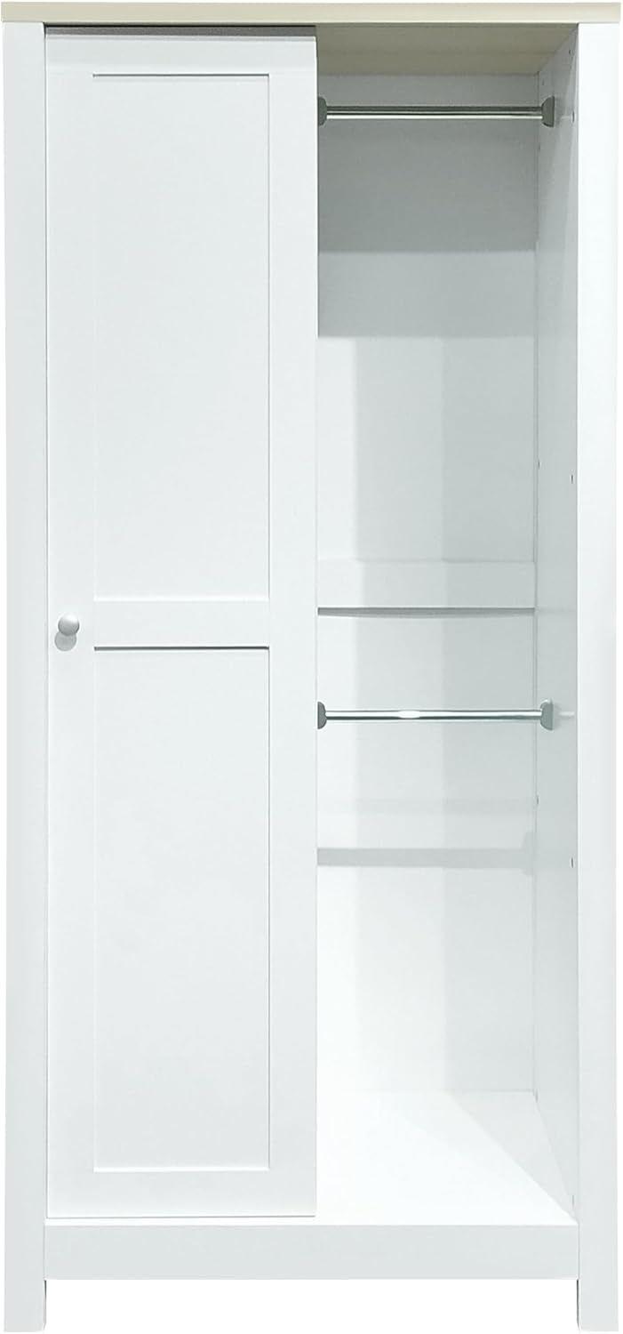 Wardrobe Closet Organizer with 2 Drawers, Open Shelves and Hanging Rods, White Y359