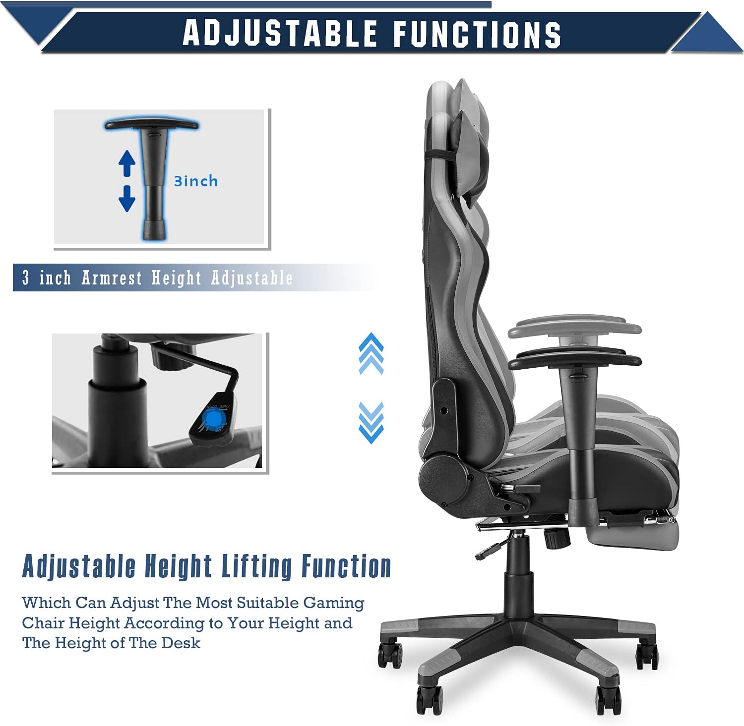 Gaming Chair with Footrest, Swivel Desk Chair, Adjustable Headrest and Lumbar Pillow C3198