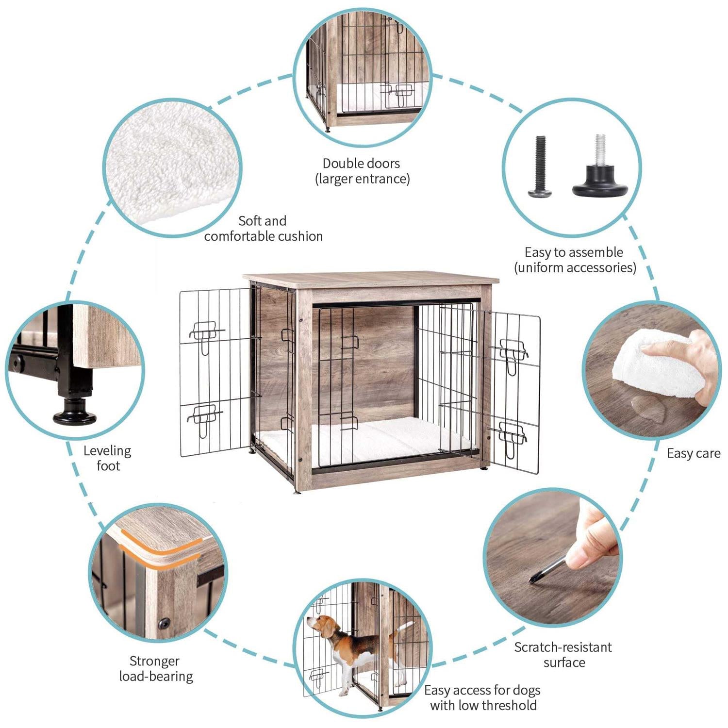 Wooden Dog Crate Furniture with Cushion and Double Doors E960