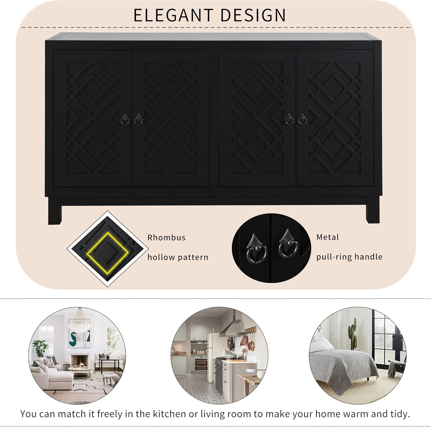 4 Door Storage Cabinet Sideboard with Pull Ring Handles W82398