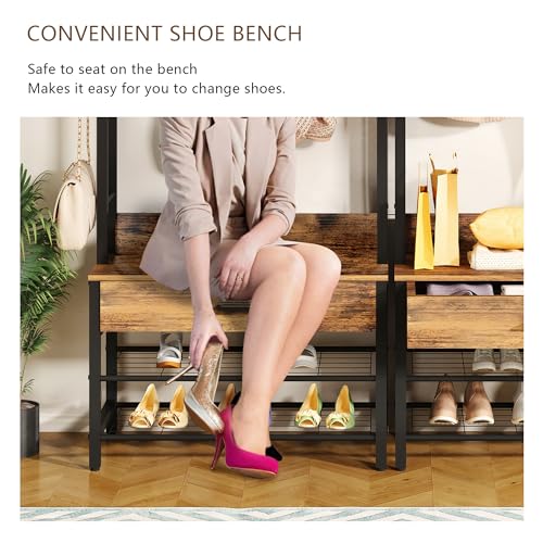 Hall Tree with Bench and Shoe Storage for Entryway, 5-in-1 Coat Rack with 12 Hooks B38564