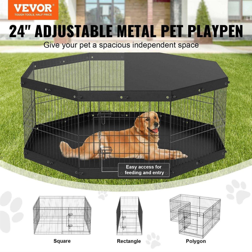 Dog Playpen, 8 Panels Foldable Metal Exercise Pen with Top Cover and Bottom Pad F73355