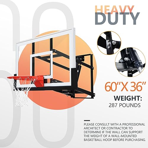Basketball Hoop Wall Mounted Adjustable Height with Tempered Glass Backboard T529459