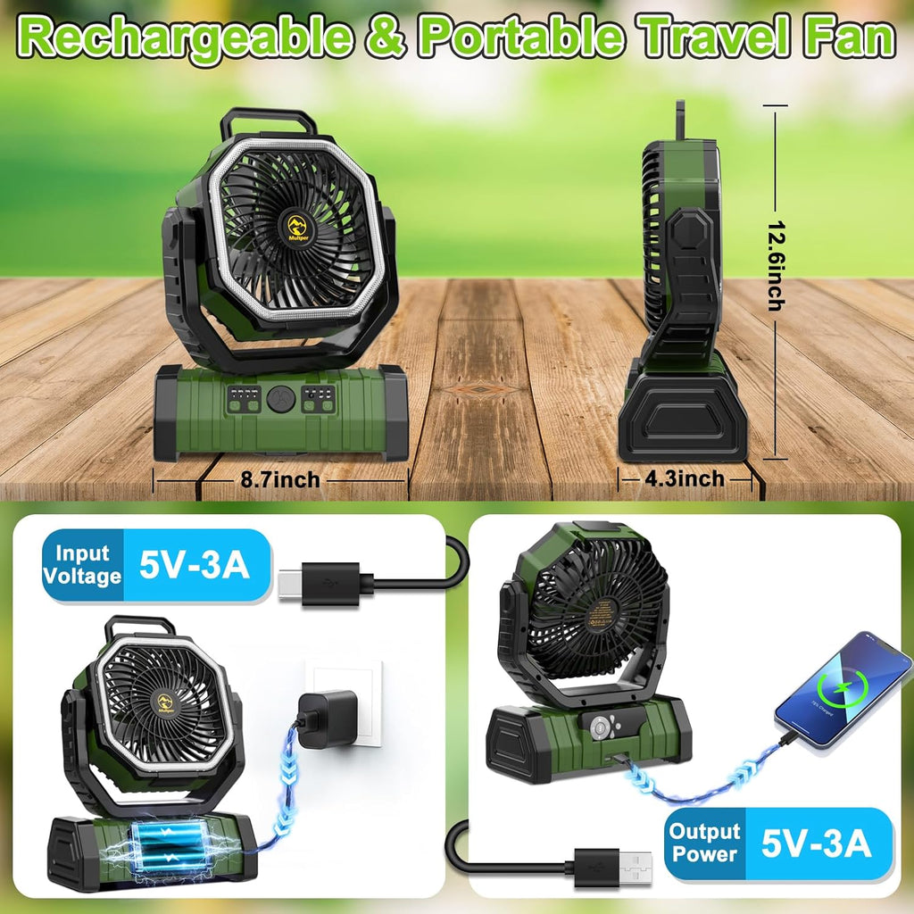 Rechargeable Portable Camping Fan with LED Lantern, Remote, and Hook N6398