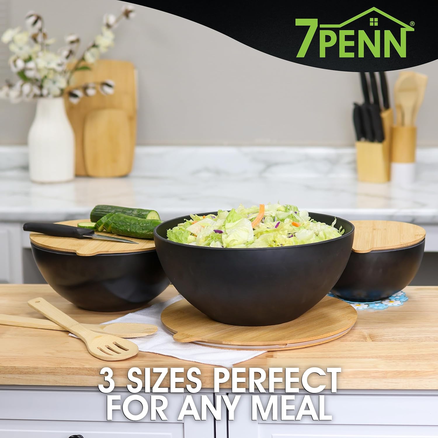 Mixing Bowl Set with Lids - 3 Piece Bamboo Fiber Nesting Bowls with Cutting Board Lids H347