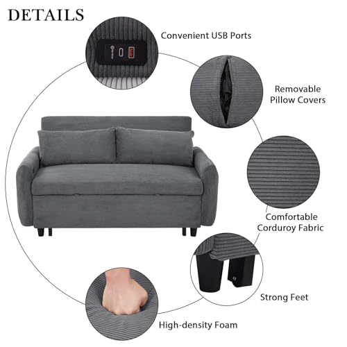 Sleeper Sofa Couch Bed with USB Ports, 57" Corduroy Convertible Futon, Grey S414699