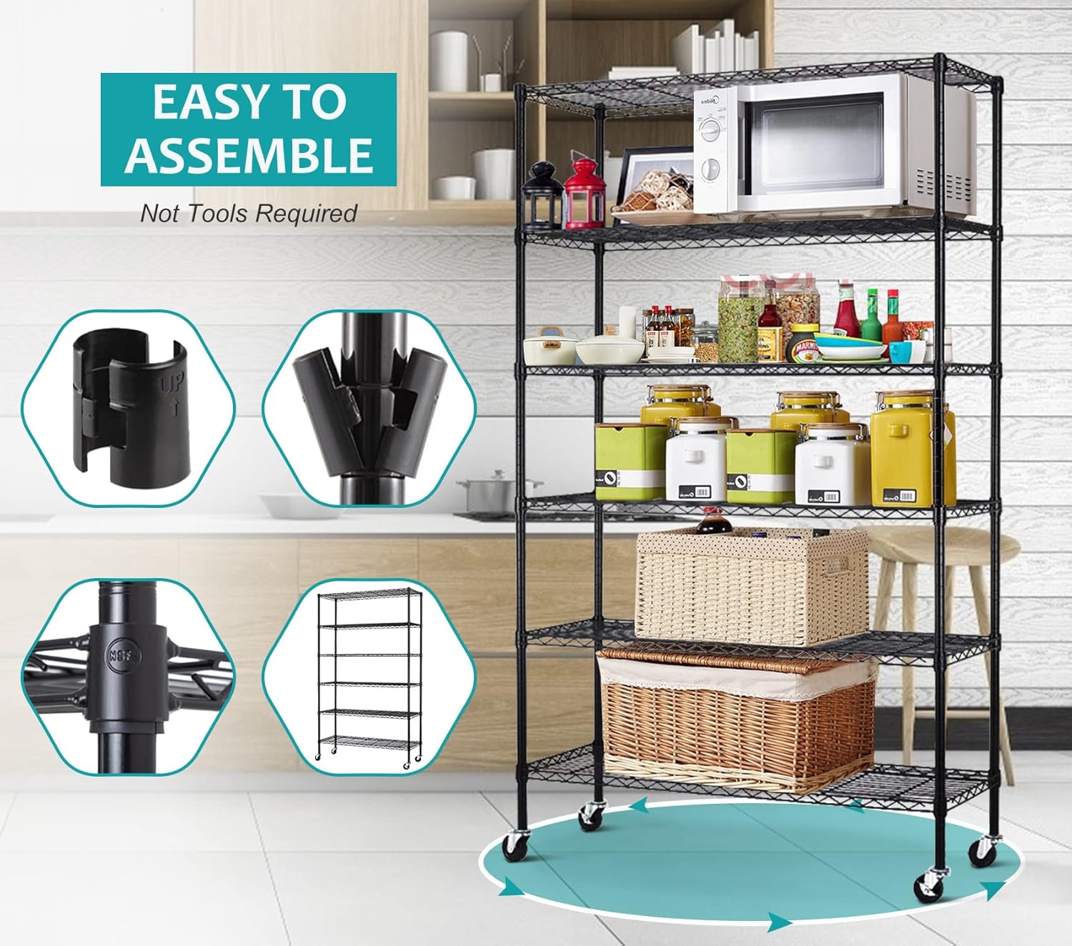 6 Tier Wire Shelving Unit with Wheels, Heavy Duty Adjustable Storage Shelf K67385