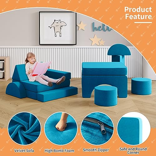 Modular Kids Play Couch with 2 Ottomans, Blueberry Z5281