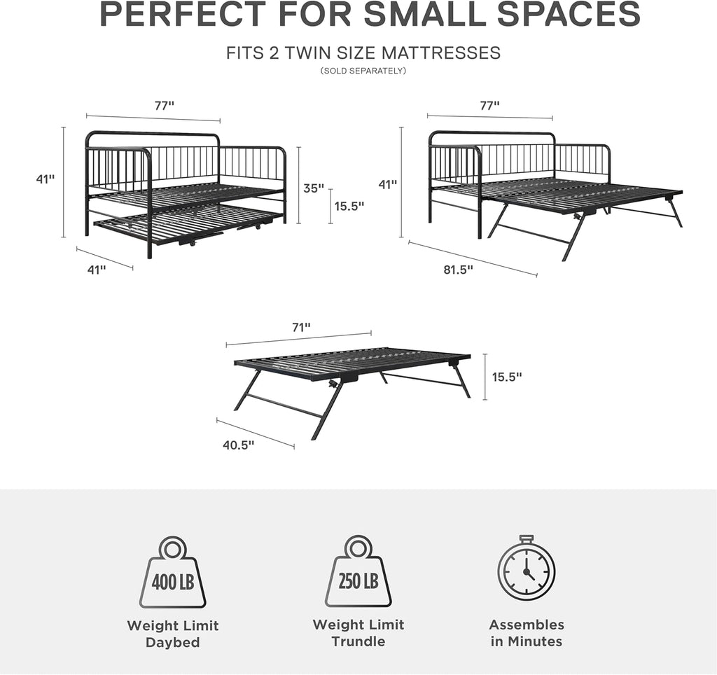Metal Daybed with Pop Up Trundle Bed, Twin, Black W1027