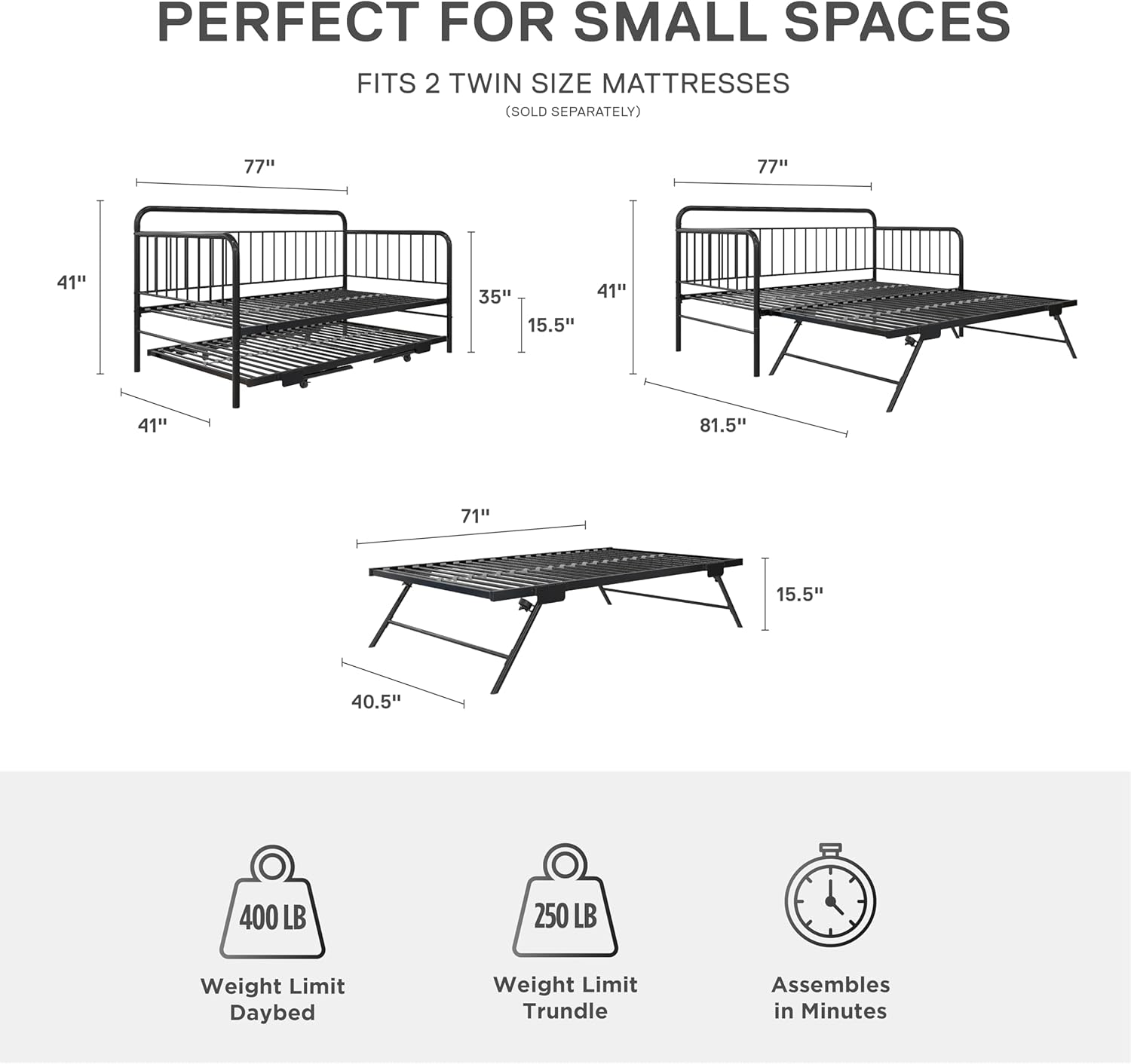 Metal Daybed with Pop Up Trundle Bed, Twin, Black W1027