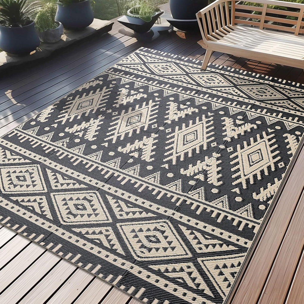 OLANLY Outdoor Rug Waterproof 5x8 ft, Reversible Outdoor Plastic Straw Rug, Boho Patio Rug, Indoor Outdoor Carpet, RV Mat Outside for Patio, Camp, Picnic, Balcony, Deck, Backyard, Black & Beige