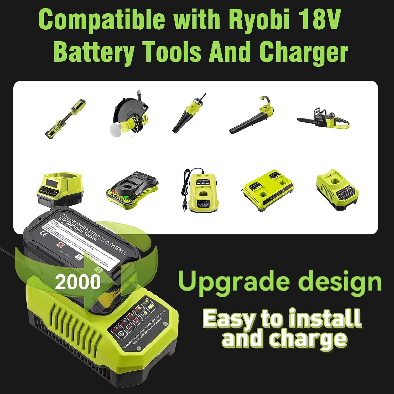 2Pack 6.0Ah 18V Lithium Battery and Charger Combo for Cordless Tools S4603