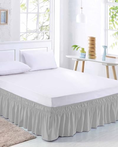 Grey Bed Skirt Cal King Size 18 Inch Drop,Vintage Solid Pure Farmhouse Country Rustic Minimalist Style Adjustable & Elastic Wrap Around Bed Skirts Pleated Dust Ruffles for Queen Cal King Base Bed