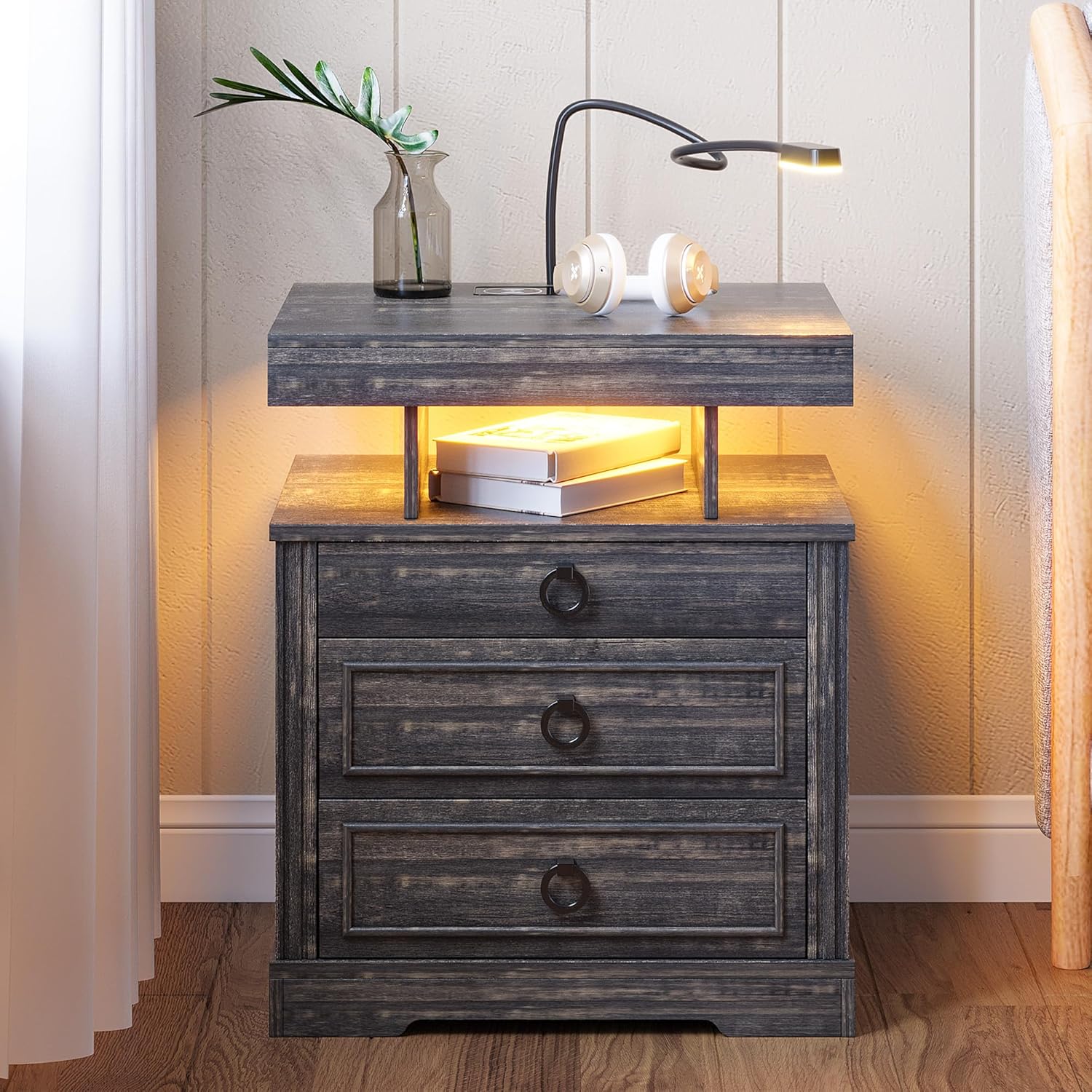 Nightstand Side Table with Wireless Charging Station and 2 Drawers J6619