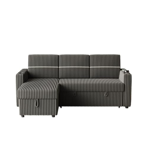 L-Shaped Sleeper Sectional Sofa Bed with Storage Chaise, Corduroy, Brown R16933