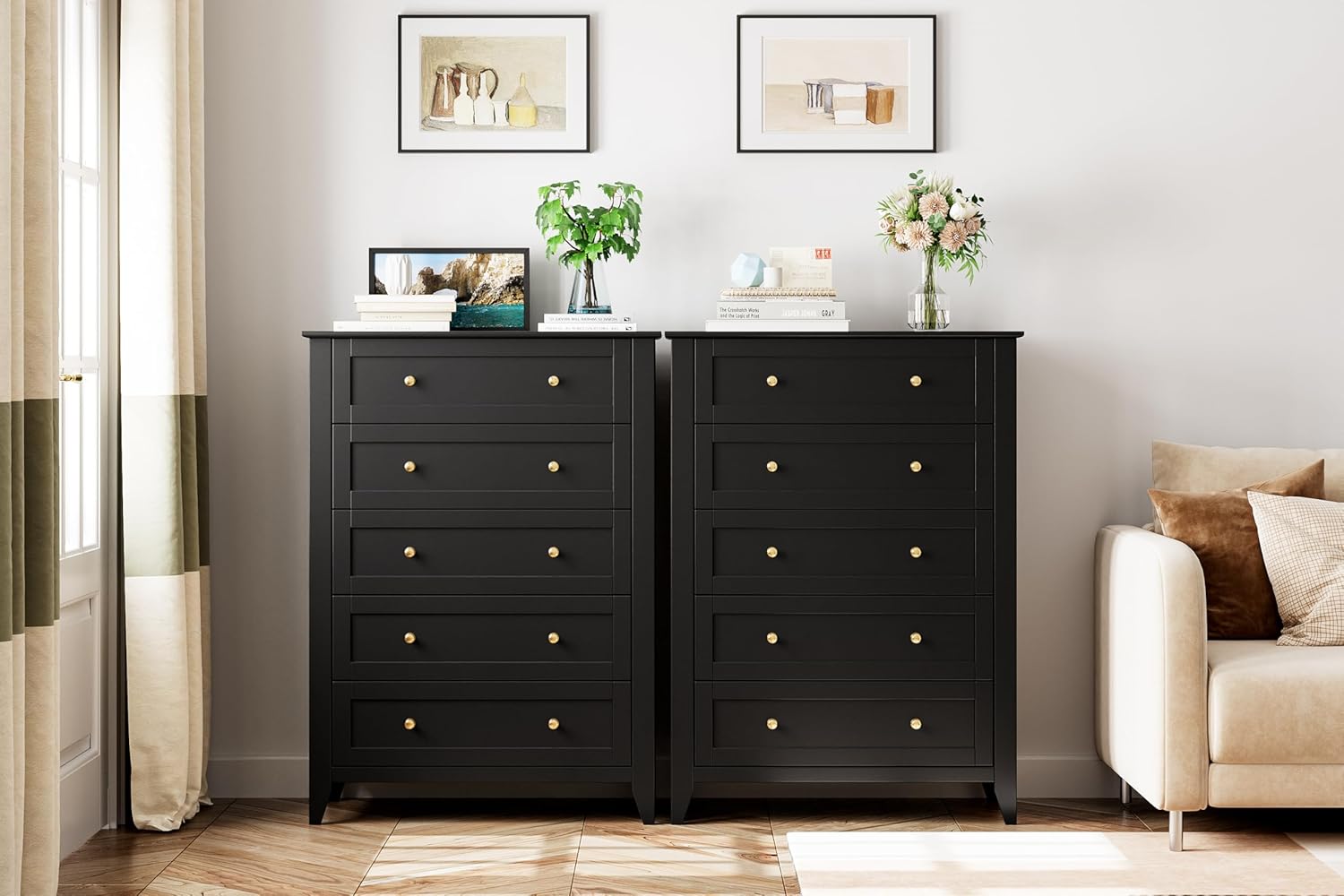 5 Drawer Dresser for Bedroom, Tall Closet Organizer, Wood with Metal Knobs, Black M855597