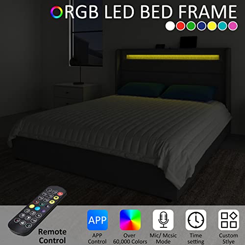 LED Bed Frame with Wingback Headboard and Storage Drawers J770439