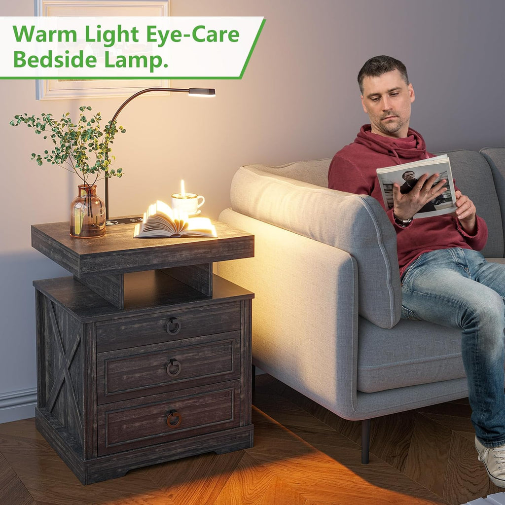 Nightstand Side Table with Wireless Charging Station and 2 Drawers J6619